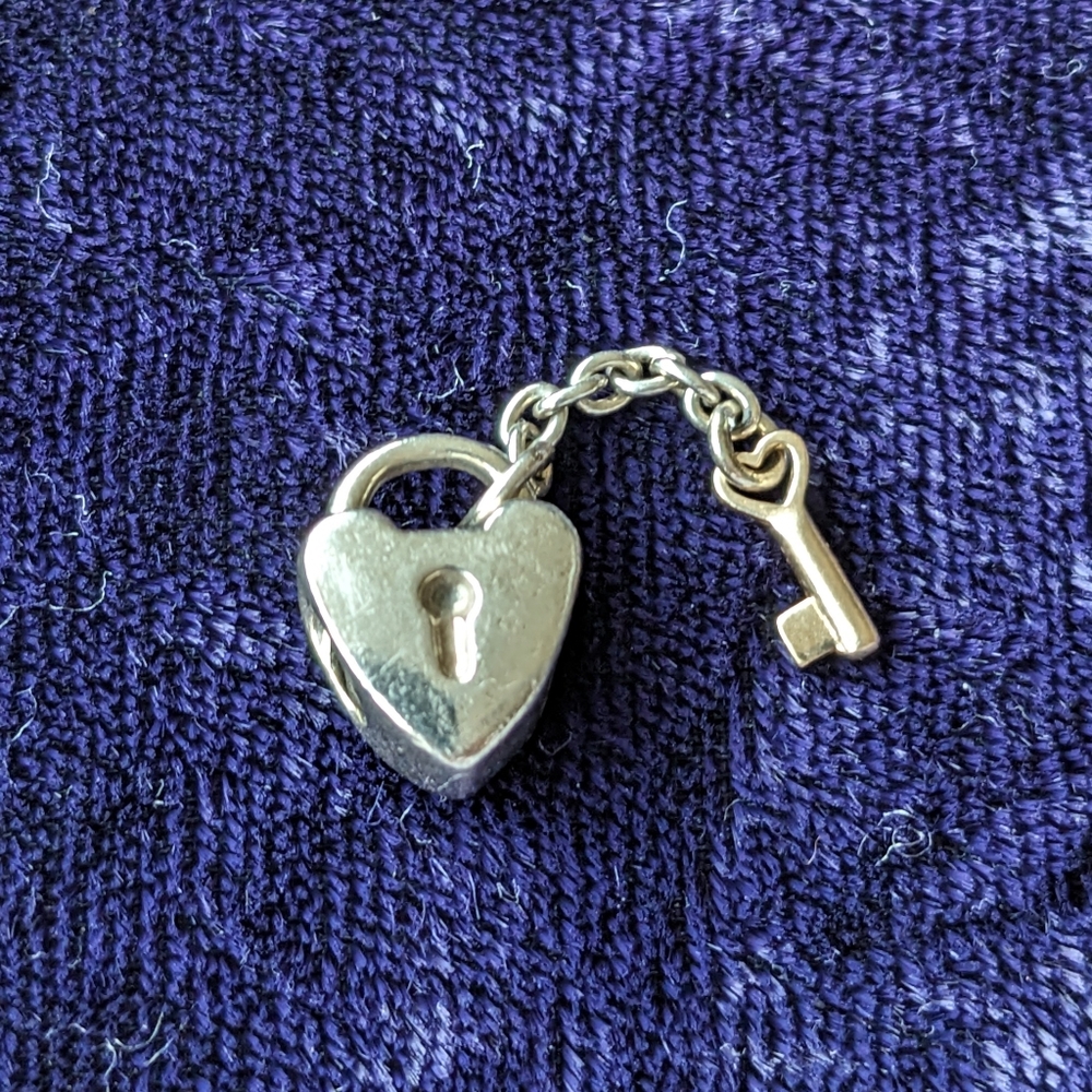 Solid 14K Gold And 925 Silver Pandora Heart Lock and Key Charm